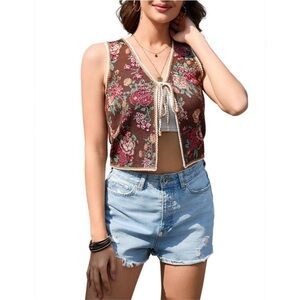 Whizmax Tie Front Vest Floral Print Embroidered Vintage Sleeveless crop Medium
